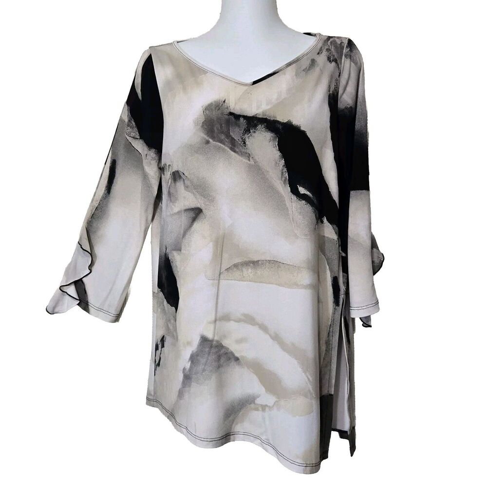 Clara Sun Woo Top Womens XS Neutral Colors Stretch Long Sleeve w Ruffle Tunic